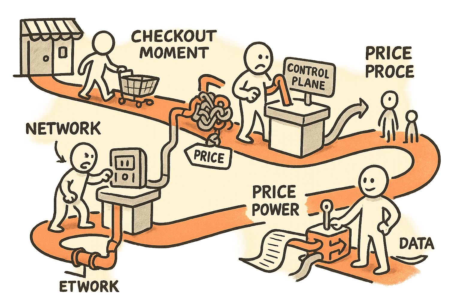 A single shopper follows a winding path to a checkout where tangled payment pipes cause a bottleneck, then gathers them into a control panel on the counter that cleanly routes flow and shifts pricing power to the checkout moment.