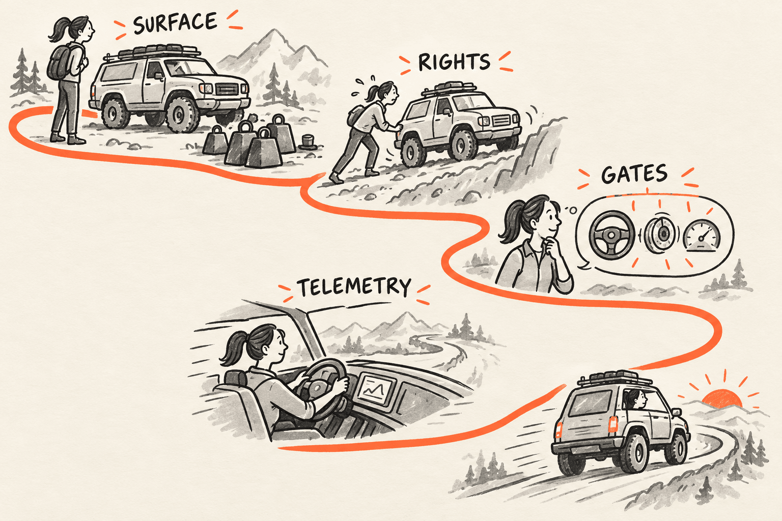 A sketched path showing four checkpoints labeled surface, rights, gates, and telemetry leading to faster shipping with fewer people.