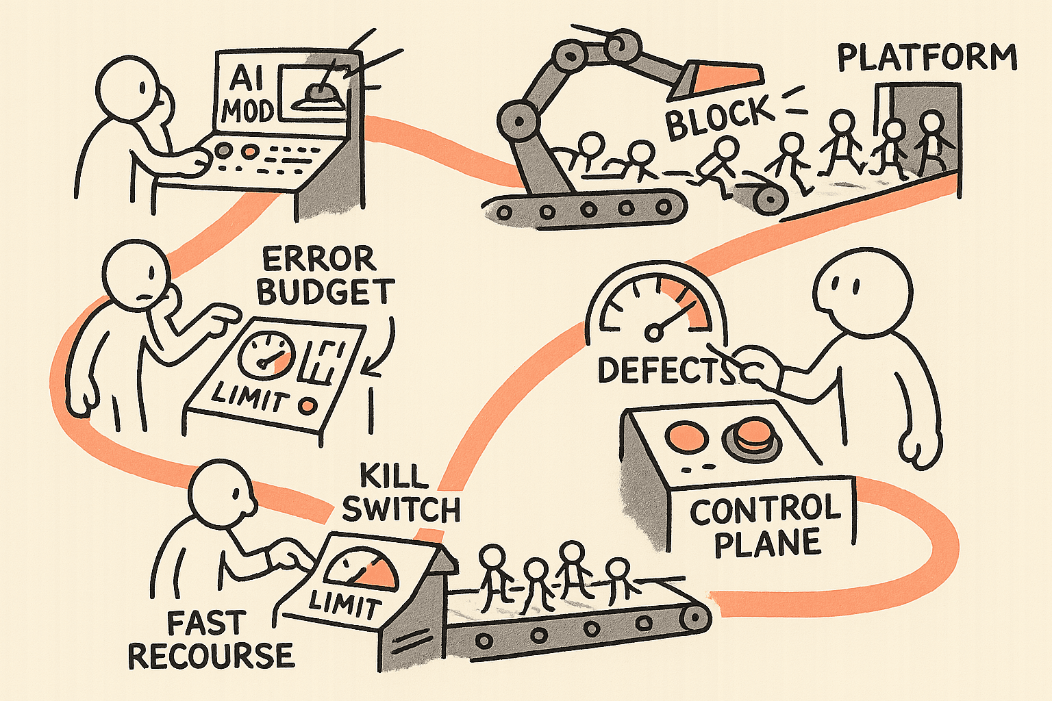 A single operator follows a winding path from an out-of-control AI moderation stamp arm that wrongly blocks users to a controlled production-line setup with an error budget gauge, a big kill switch button, and a fast recourse chute that restores users.