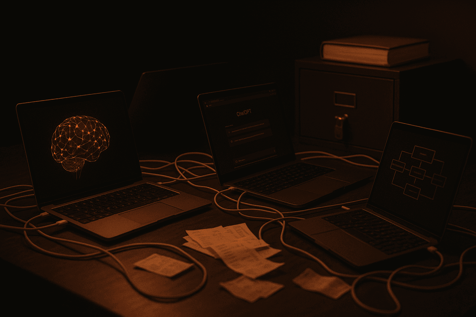 A desk crowded with multiple AI tools open on laptops and scattered receipts, with a ledger and a locked cabinet in the background.
