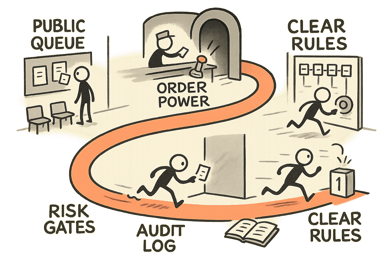 A single stick-figure runner follows one winding path from a visible public waiting room into a private speed tunnel where hidden ordering causes a stumble, then rebuilds the setup into clear rules with risk checkpoints and an audit log, finishing on a fast but transparent lane.