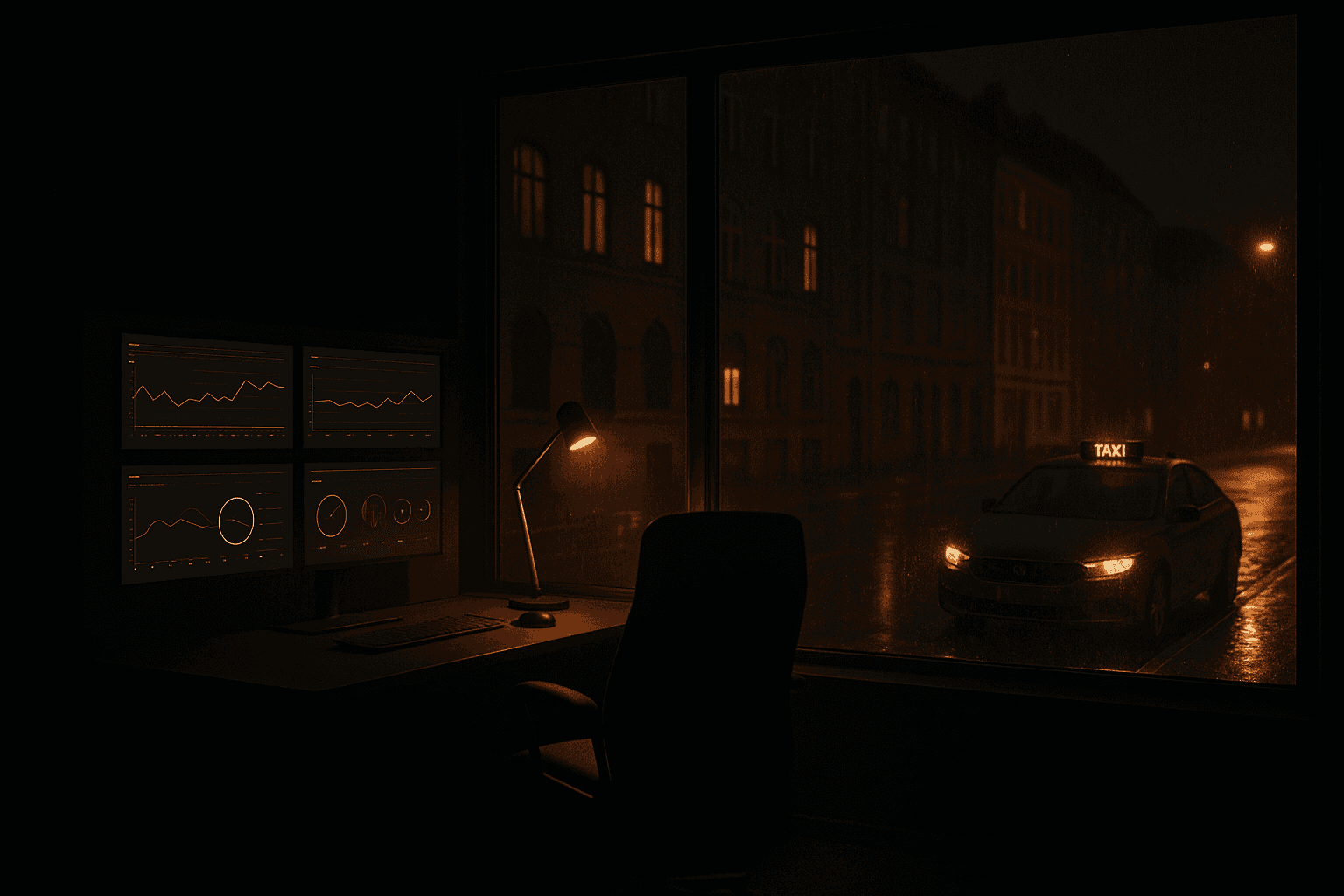 A control room at night monitoring a driverless taxi on a Copenhagen street in the rain.
