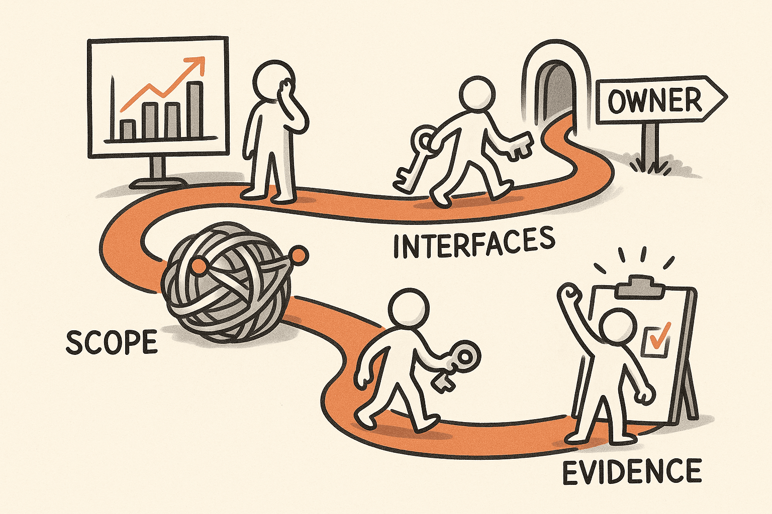 Sketchnote-style path showing scope freeze, interface ownership, and evidence-based stage gates preventing budget overruns.
