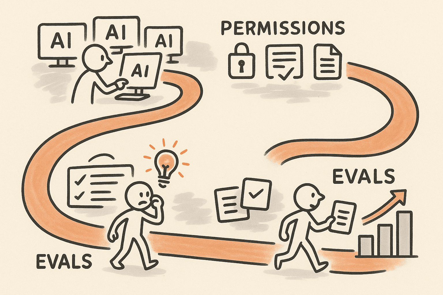 Sketchnote-style path showing AI pilots turning into standardized workflow assets through identity, permissions, docs, and evals.