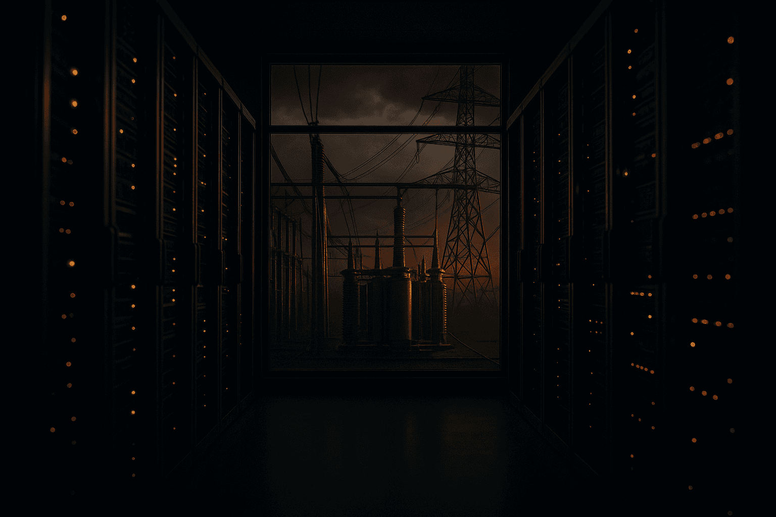 Data center racks visually aligned with an adjacent high-voltage substation, suggesting compute behaving like a grid asset.