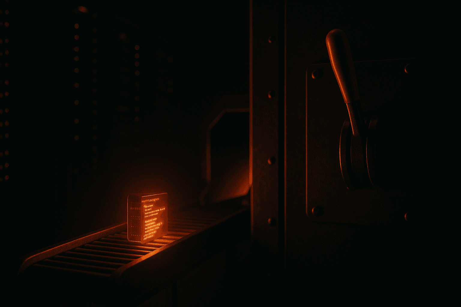 Automated build line metaphor with a prominent kill switch lever in a server room.