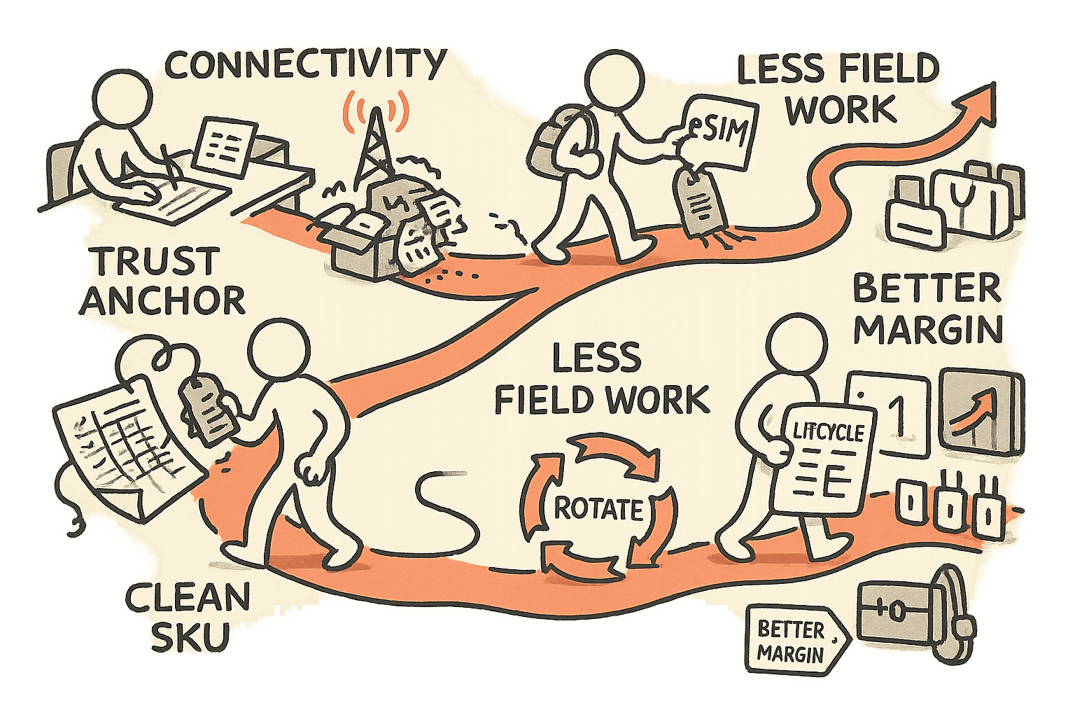 A single character follows a winding path from budgeting “connectivity” and wrestling messy spreadsheets and field fixes to using eSIM as a trust anchor that turns lifecycle steps into a clean control flow, ending with fewer visits and better margin.