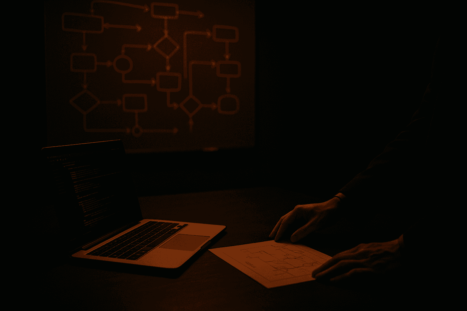 A war-room table with a laptop and a whiteboard showing a state-machine diagram, suggesting incident response guided by a formal spec.