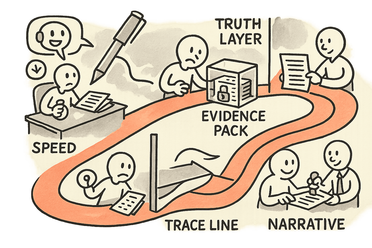 A single analyst follows a winding path from a messy fast close where an LLM edits numbers, to building a hard boundary with a locked evidence pack, then using the LLM only to write narrative from that pack, ending with a stamped report and preserved traceable truth.