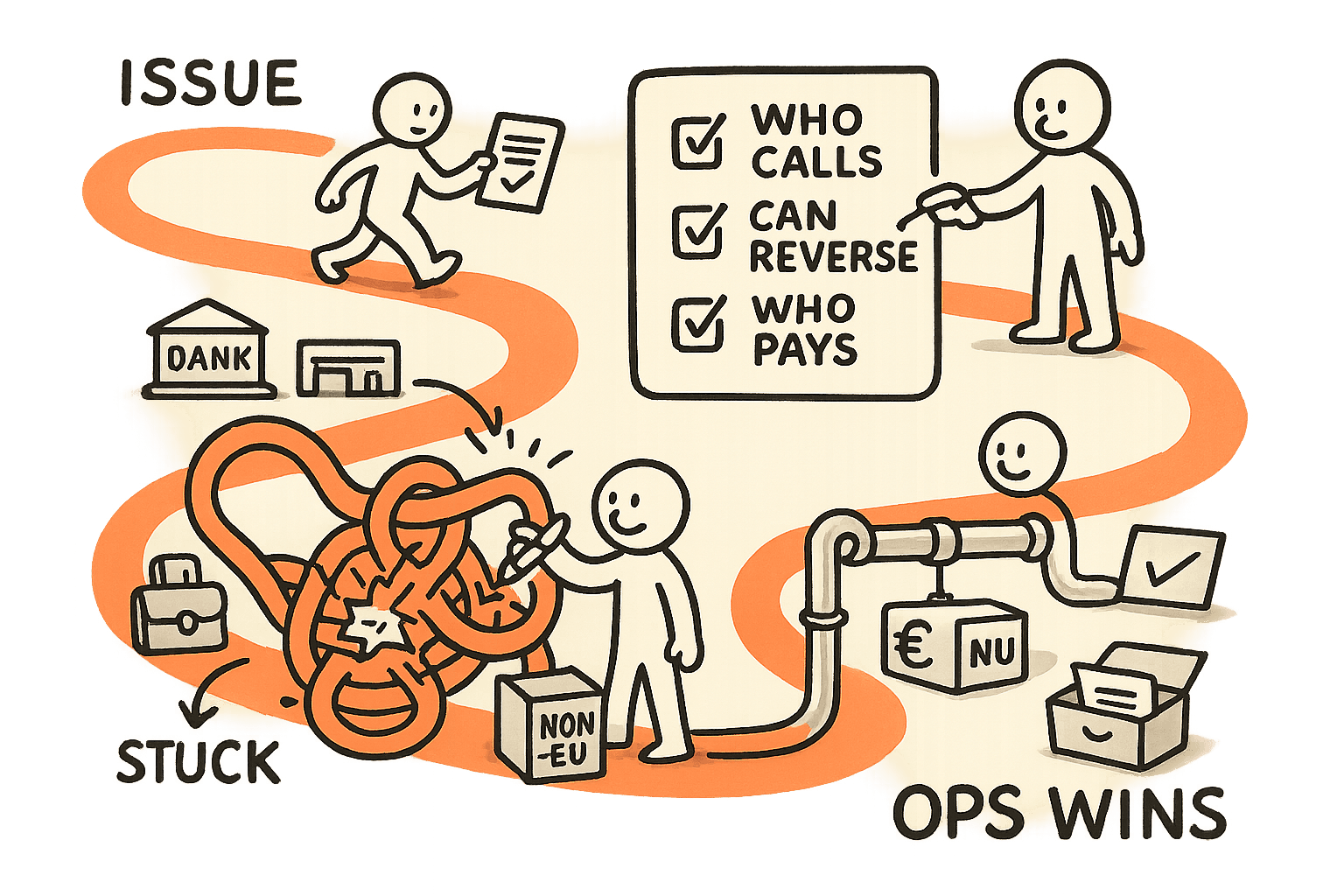 A single character follows one winding path from easy issuance papers into a tangled ‘stuck funds’ knot across wallet/bank/distributors, then draws ownership for calls/reversals/losses, builds clear SLA plumbing, and ends with smooth money flow and restored trust.