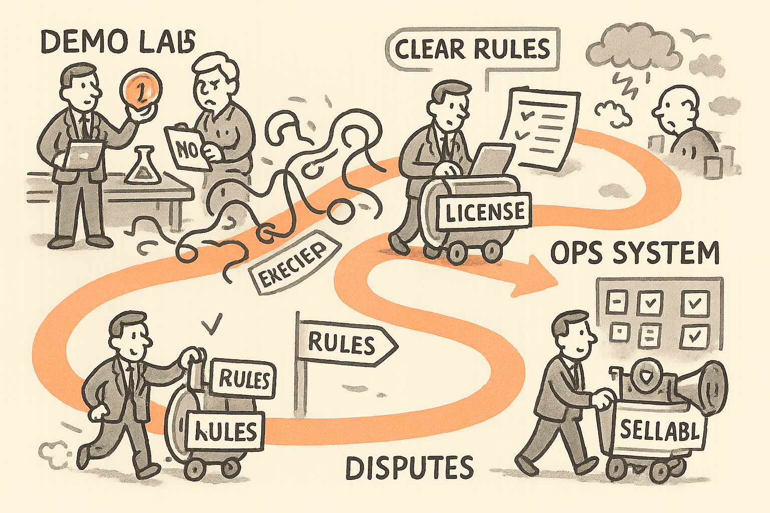 A single suited character walks a winding path from a flashy stablecoin demo that a CFO rejects, through a tangle of exceptions, to adding clear rules and then building an ops system for disputes and reconciliation, ending with a sellable payment product powered by distribution.