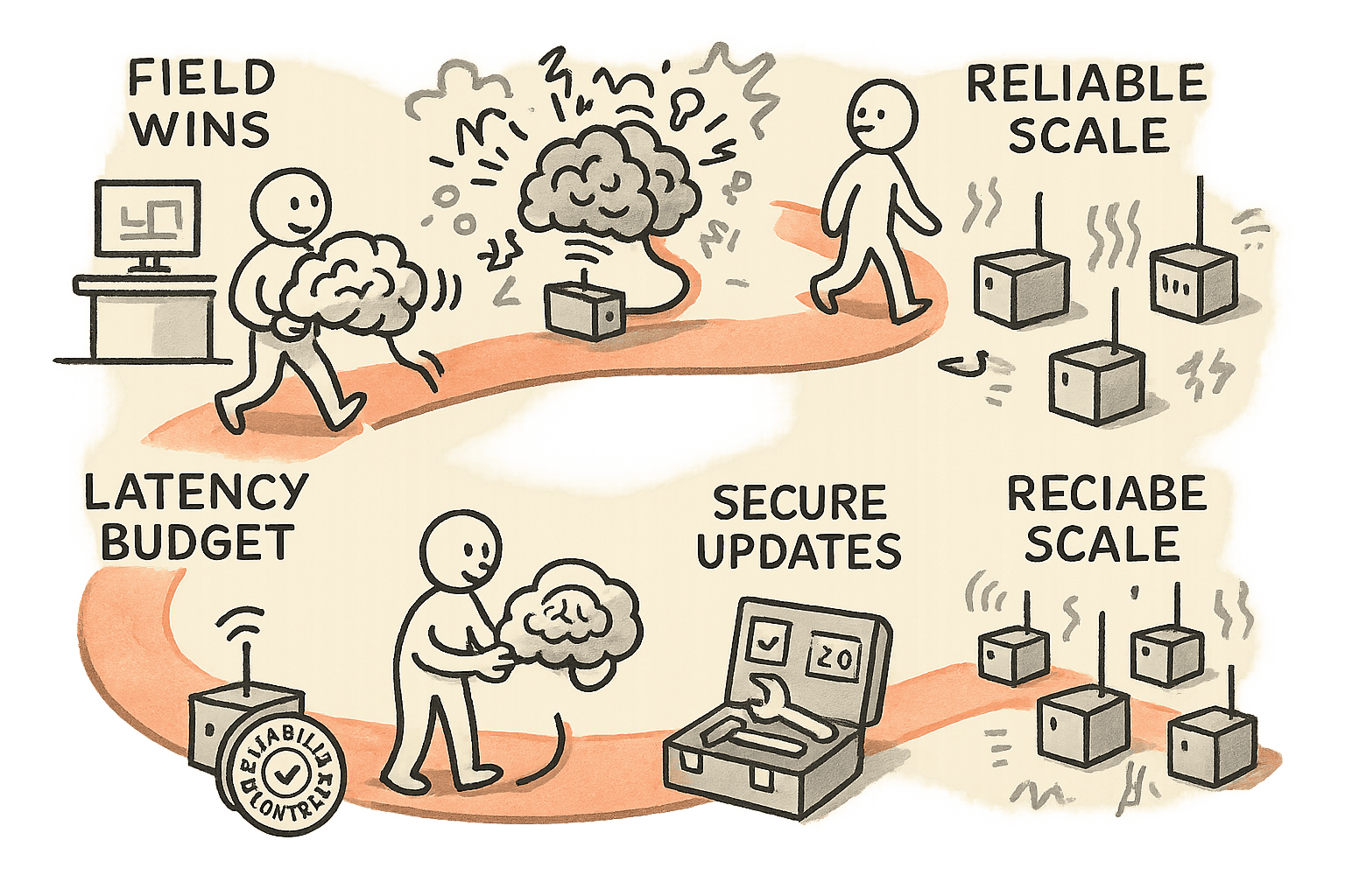 A single engineer walks a winding path from a lab to a factory, where a big cloud-dependent model fails in the field, then is replaced by a small on-device model supported by QA and secure updates, ending with many devices running reliably at scale.