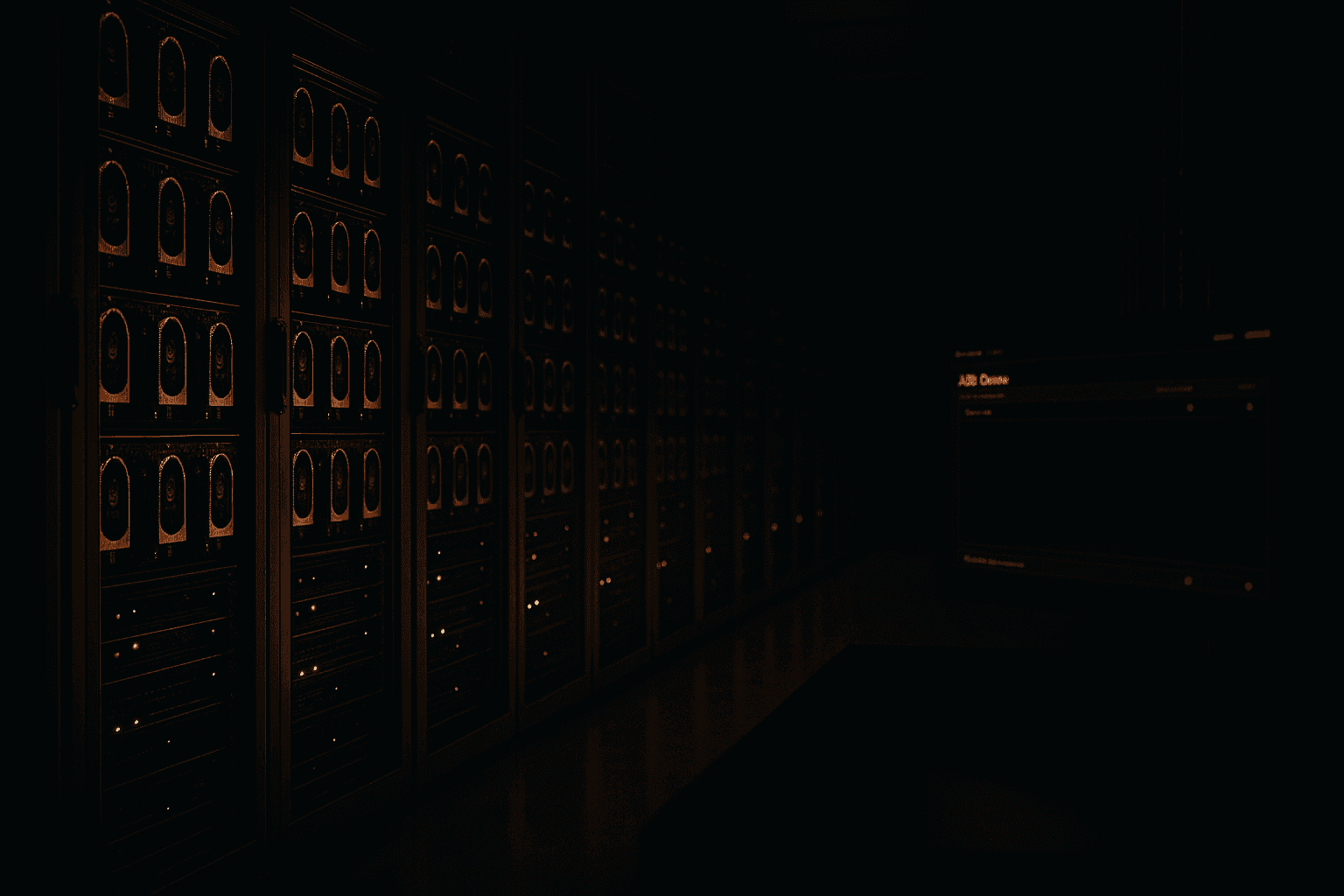 A quiet data center aisle beside a workstation showing an empty compute job queue.