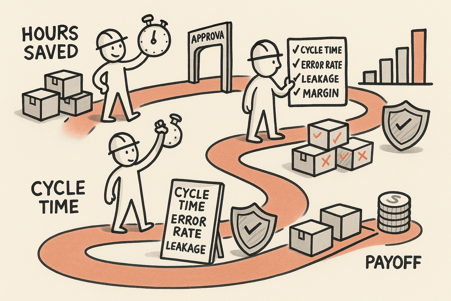 A single stick-figure manager walks a winding path from celebrating a big “HOURS SAVED” stopwatch, through a clogged approval bottleneck and rising risk, to adopting a control checklist focused on cycle time, errors, leakage, and margin, ending with smoother flow and higher margin.