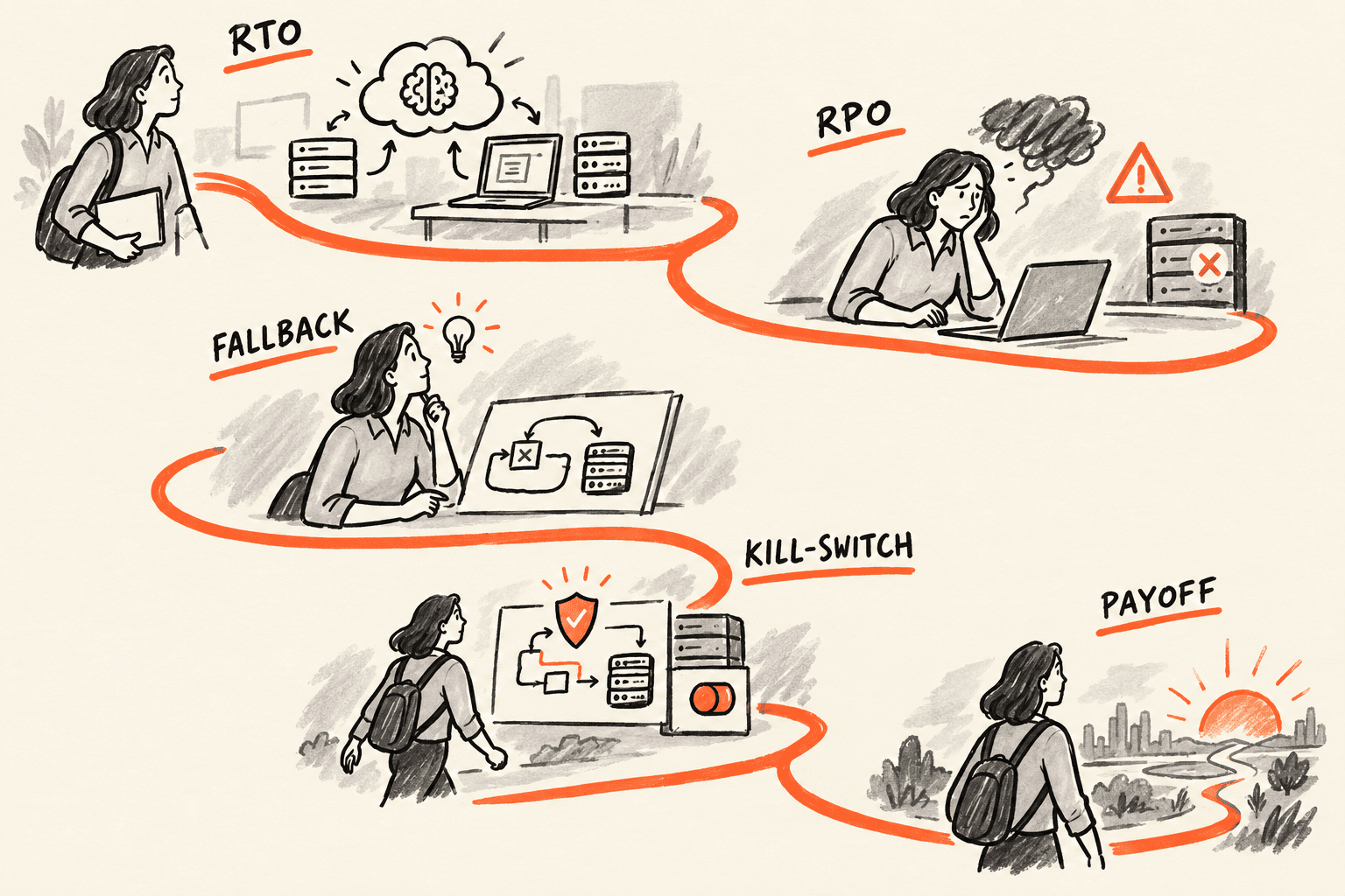 Sketchnote-style path showing an AI workflow with labeled steps for RTO, RPO, fallback, and kill switch.
