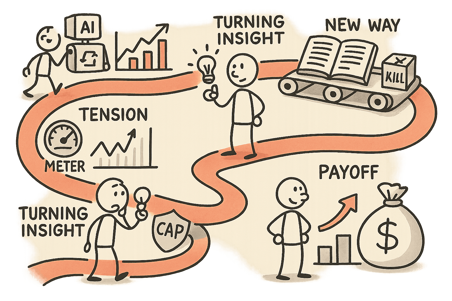 Sketchnote-style path showing a leader moving from surprise AI agent bills to caps, a usage ledger, and controlled scaling.