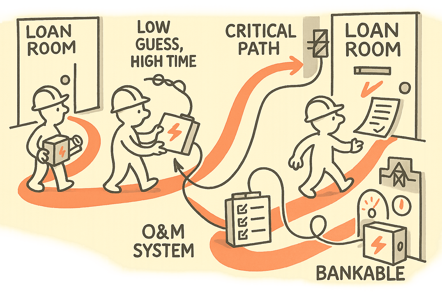 A single hard-hat operator walks a winding cord-shaped path from a closed loan room, struggles with a tangled grid plug and uncertainty, then straightens the interconnection path and adds an O&M checklist to the same battery box, ending with a smoothly connected, high-uptime system and an opened door with approved papers.
