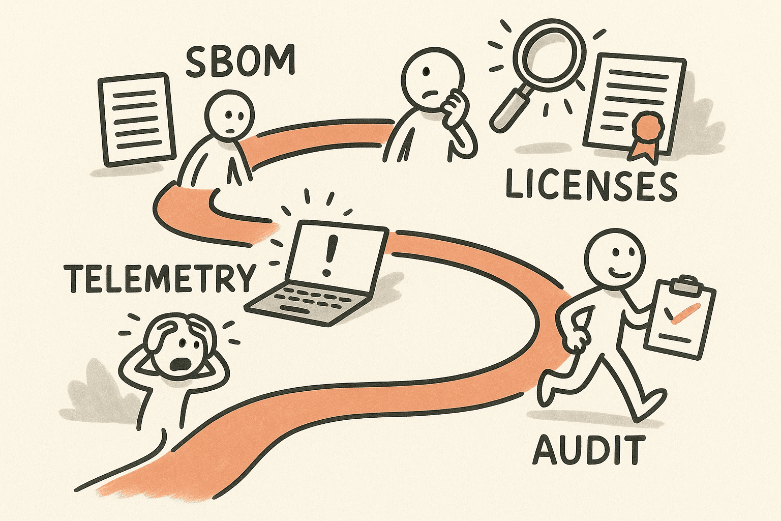 Sketchnote-style path showing steps to prove software components and data flows in a connected product.