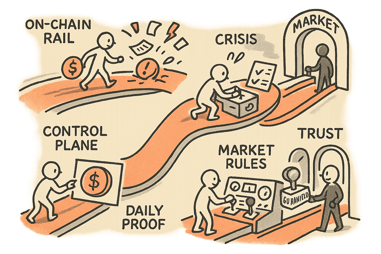 A winding path shows one operator moving a token along a rail, hitting a crisis when controls are missing, then adding a control dashboard that provides daily proof and market rules, ending with trust and approval at the market gate.