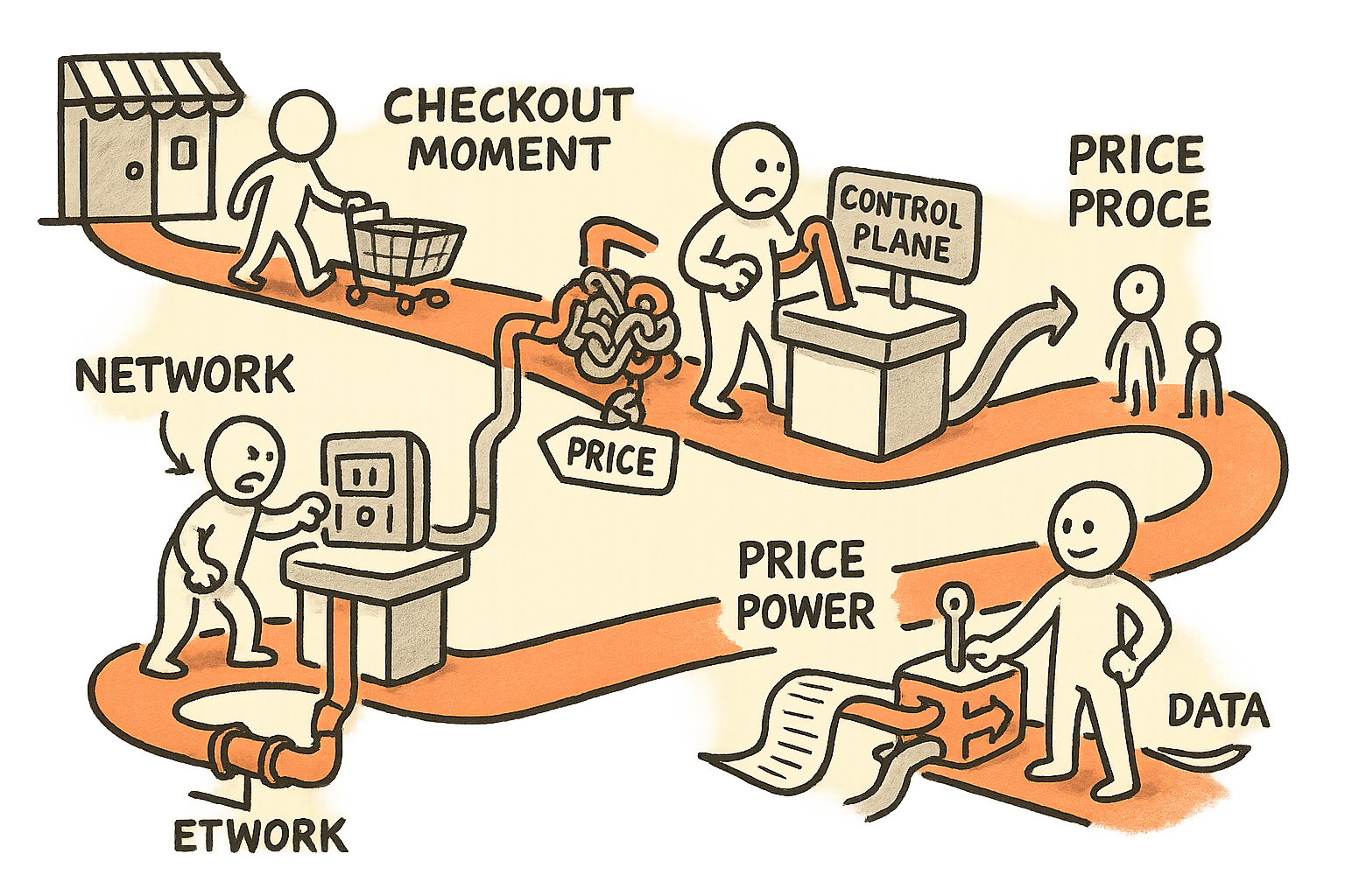 A single shopper follows a winding path to a checkout where tangled payment pipes cause a bottleneck, then gathers them into a control panel on the counter that cleanly routes flow and shifts pricing power to the checkout moment.