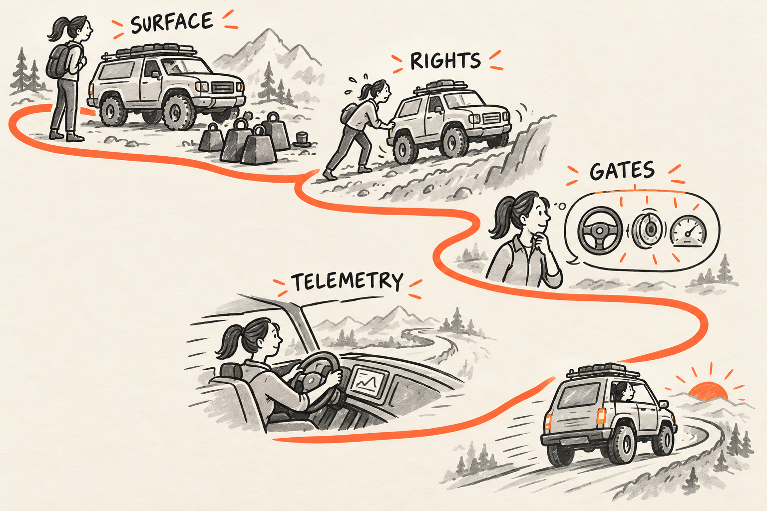 A sketched path showing four checkpoints labeled surface, rights, gates, and telemetry leading to faster shipping with fewer people.
