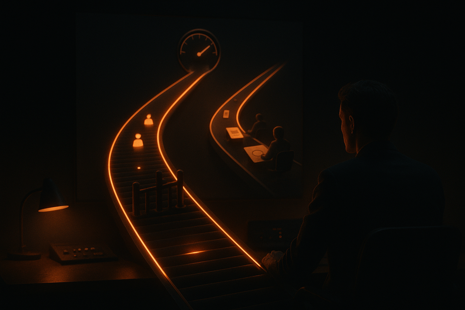 Two streams, self-serve and sales-assisted, merging into a single revenue system in a software control room.