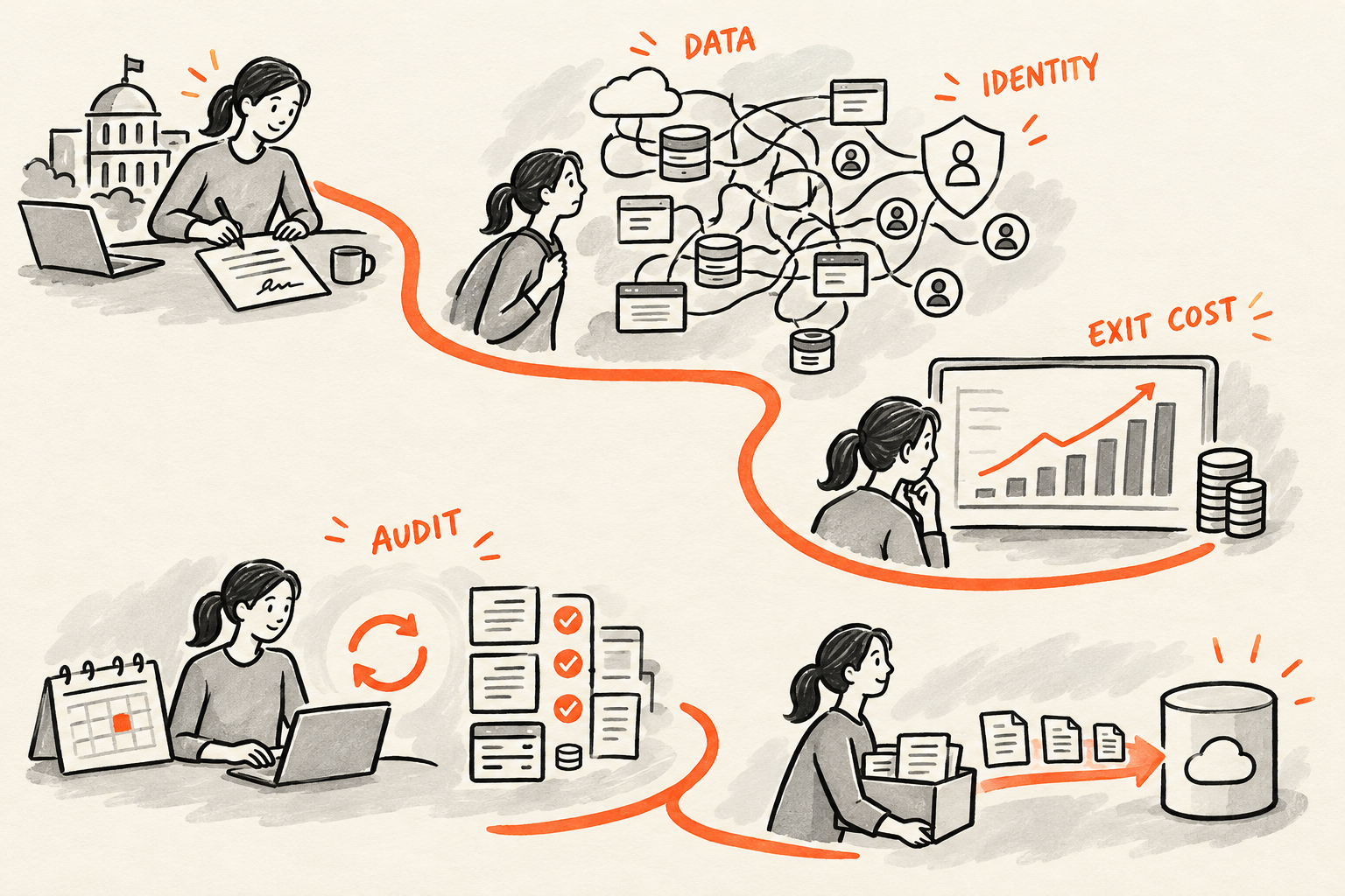 A sketched story path showing a signed IT contract leading to growing dependencies, then a dashboard and routines that reduce exit cost.