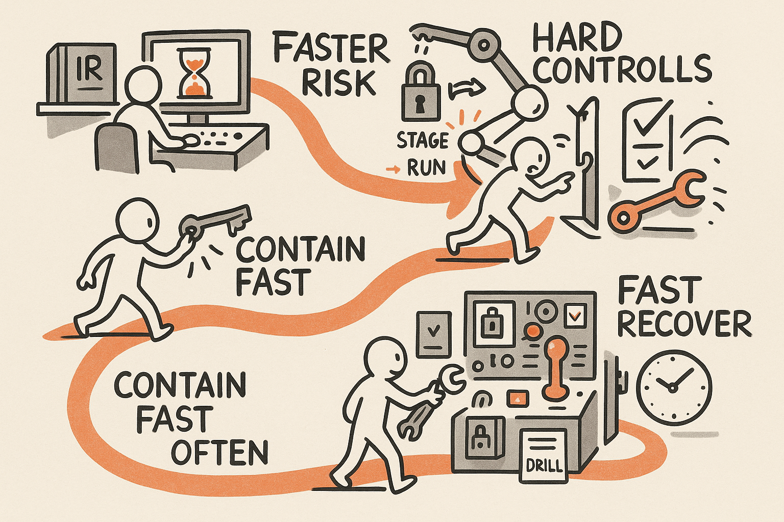 A single operator follows a winding path from a control room into a rapid automated ransomware strike, then upgrades the same system with auditable constraints, containment, testing, and recovery so the next fast hit is stopped and restored quickly.