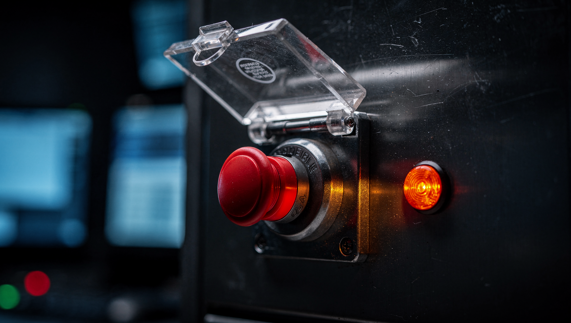 A red industrial emergency-stop button under a clear protective cover on a dark steel panel, with an ember indicator lamp.