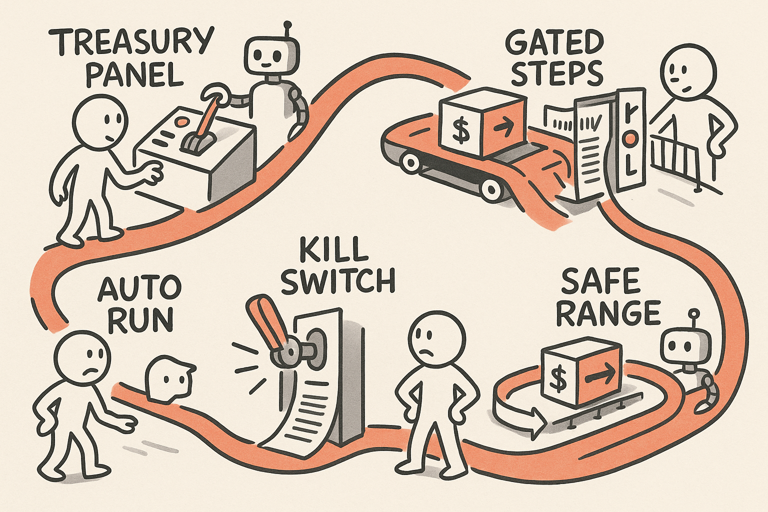A single treasury operator follows a winding path from an unsafe AI autopilot conveyor toward a near-miss, hits a kill switch to stop it, then rebuilds the same line with gated steps and a replay log so automation runs safely within a marked safe range.