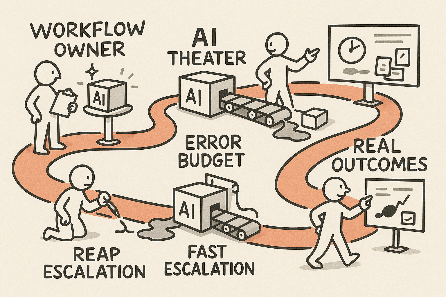 A single operator follows one winding workflow line from a flashy AI demo that causes spills and complaints to a bolted-in AI station with owned handoffs, an error budget, fast escalation, and a final board showing improved real outcomes.