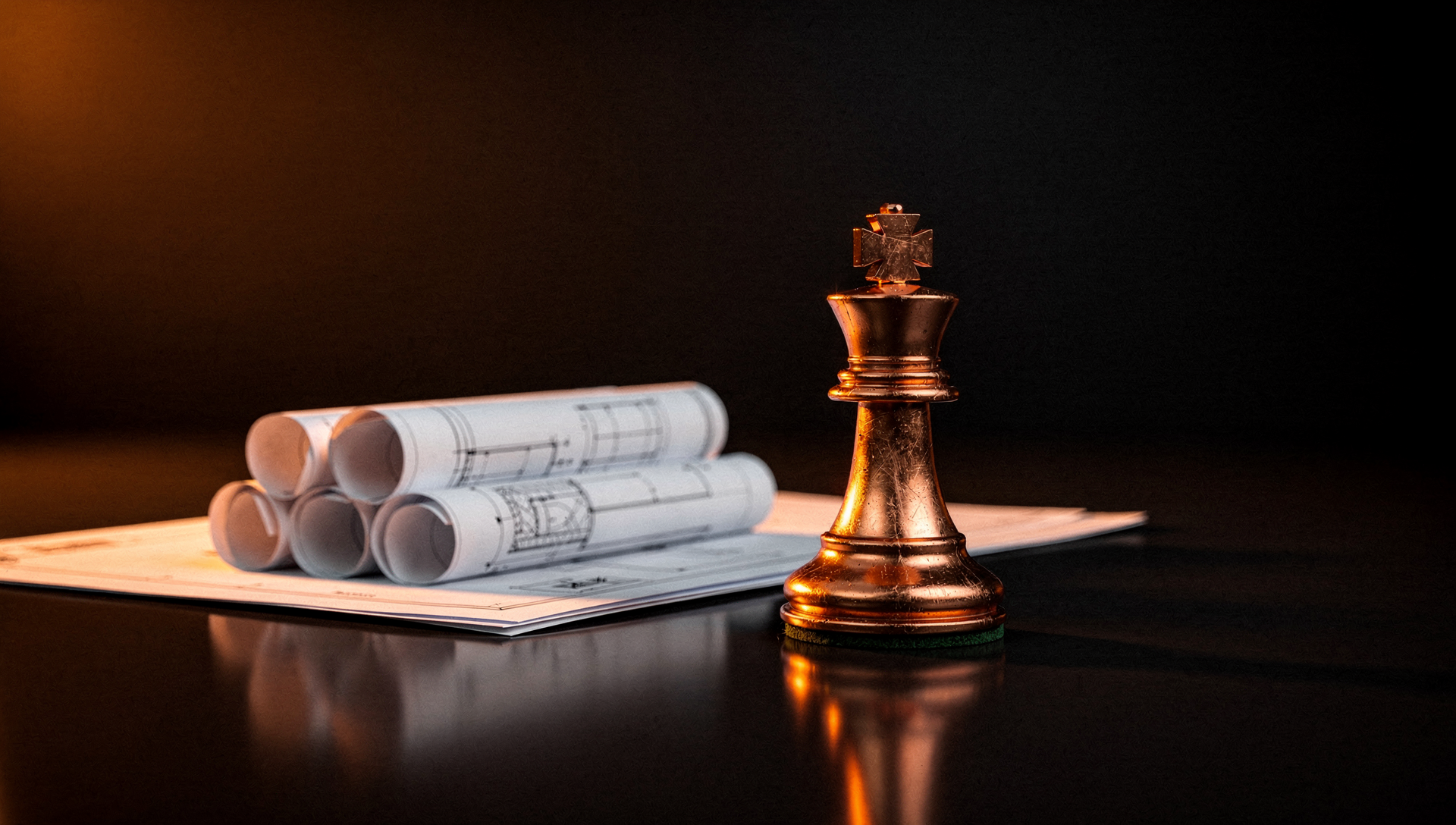 A polished copper chess king beside rolled engineering blueprints under warm ember light on a dark surface.