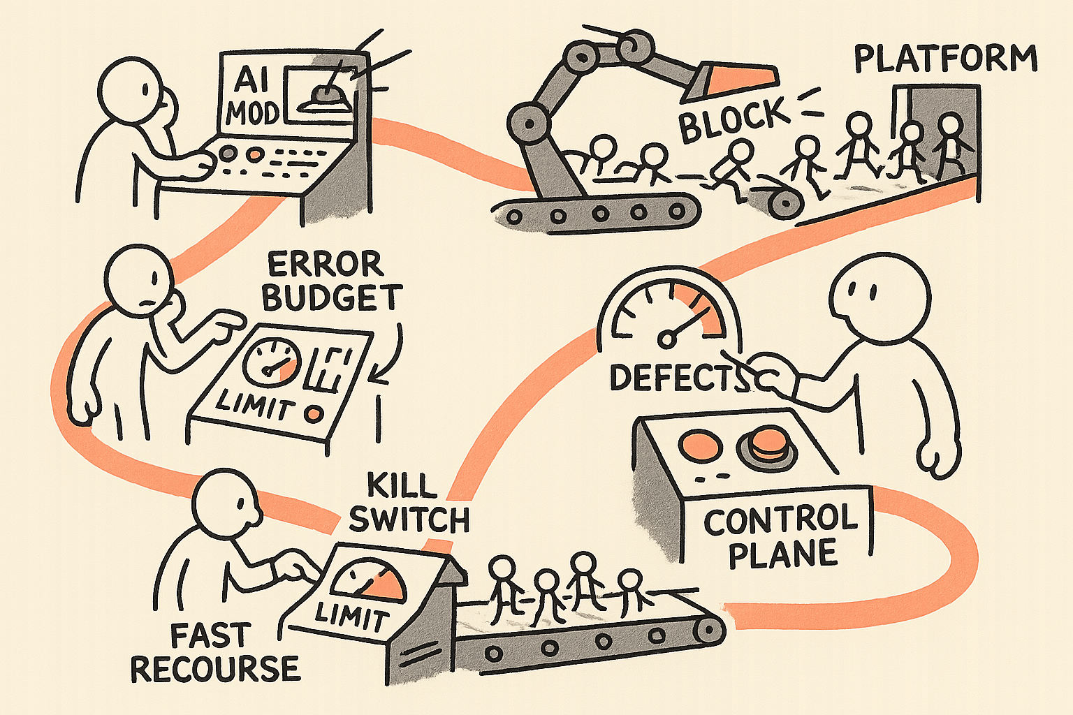 A single operator follows a winding path from an out-of-control AI moderation stamp arm that wrongly blocks users to a controlled production-line setup with an error budget gauge, a big kill switch button, and a fast recourse chute that restores users.