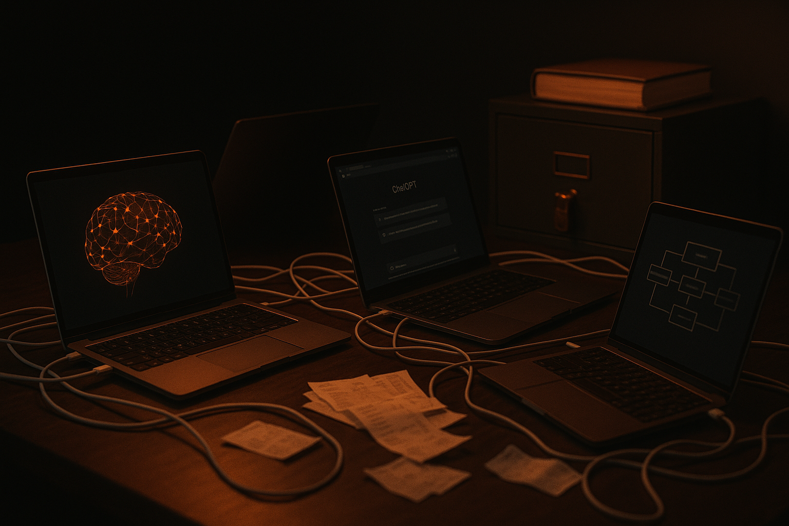 A desk crowded with multiple AI tools open on laptops and scattered receipts, with a ledger and a locked cabinet in the background.