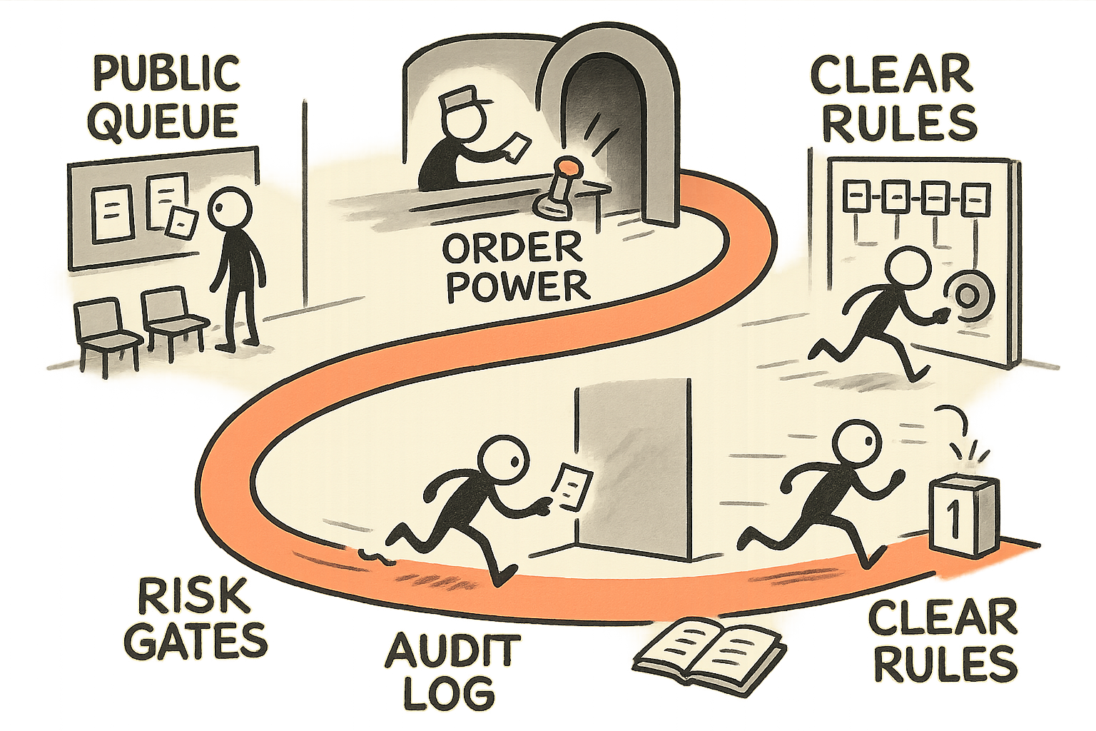 A single stick-figure runner follows one winding path from a visible public waiting room into a private speed tunnel where hidden ordering causes a stumble, then rebuilds the setup into clear rules with risk checkpoints and an audit log, finishing on a fast but transparent lane.