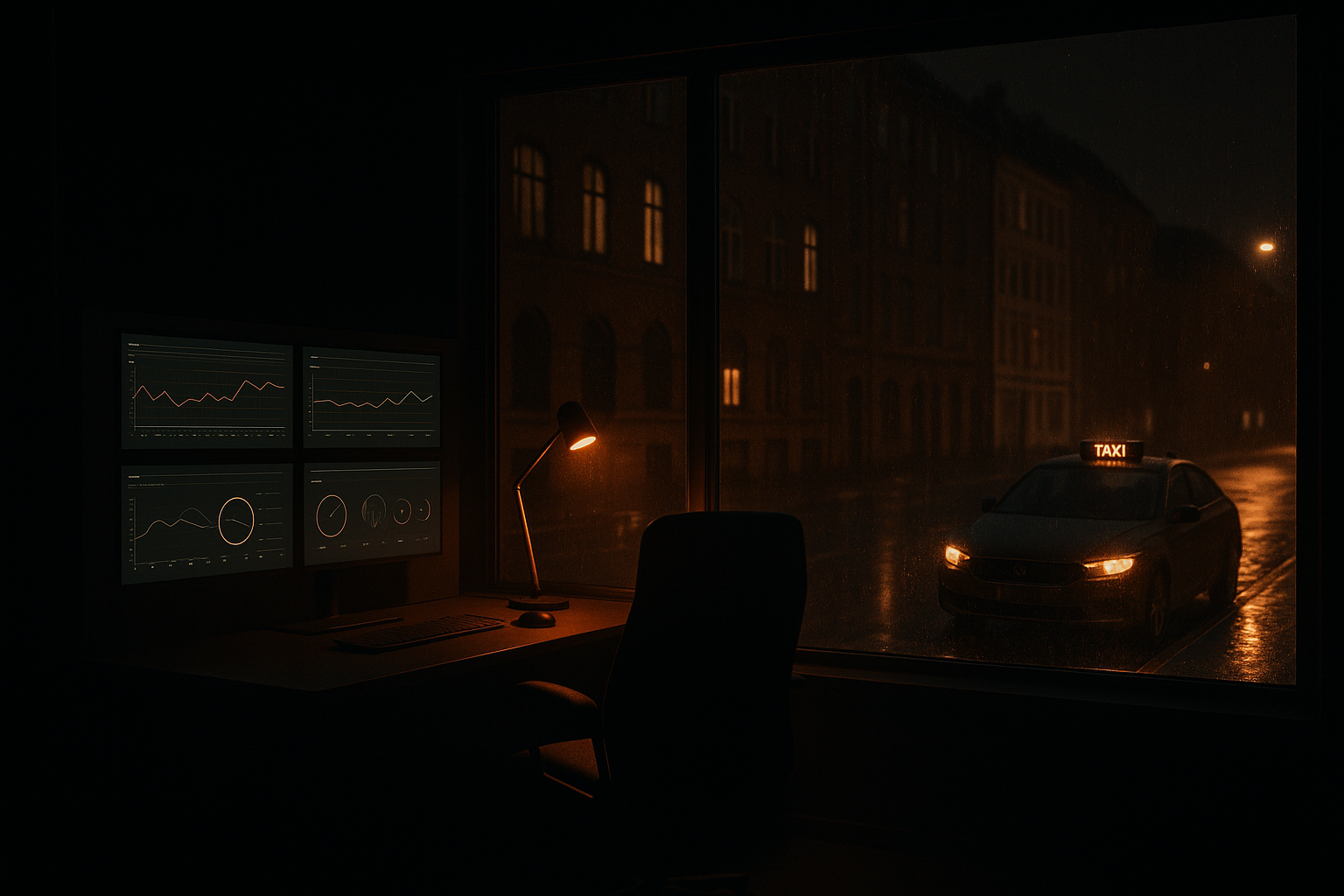 A control room at night monitoring a driverless taxi on a Copenhagen street in the rain.
