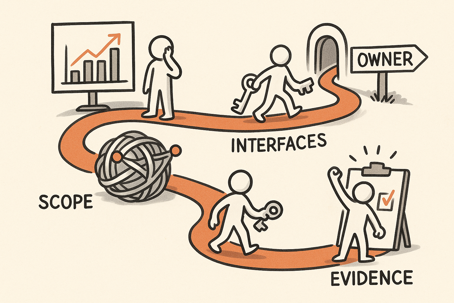 Sketchnote-style path showing scope freeze, interface ownership, and evidence-based stage gates preventing budget overruns.