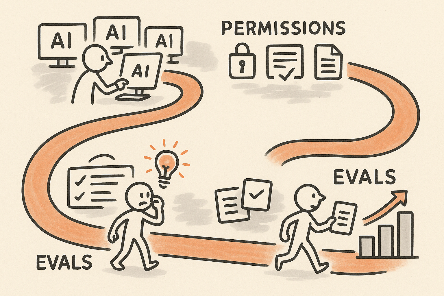 Sketchnote-style path showing AI pilots turning into standardized workflow assets through identity, permissions, docs, and evals.