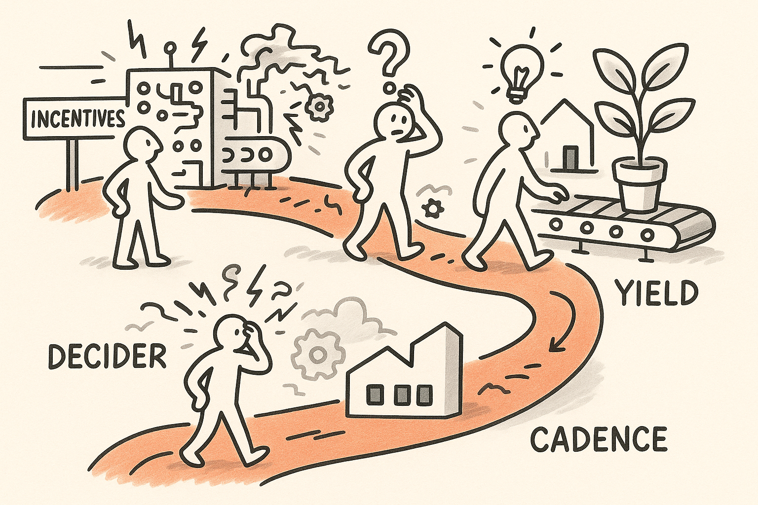 A sketchnote-style path showing five steps that turn an AI transformation into a stage-gated upgrade with yield targets.