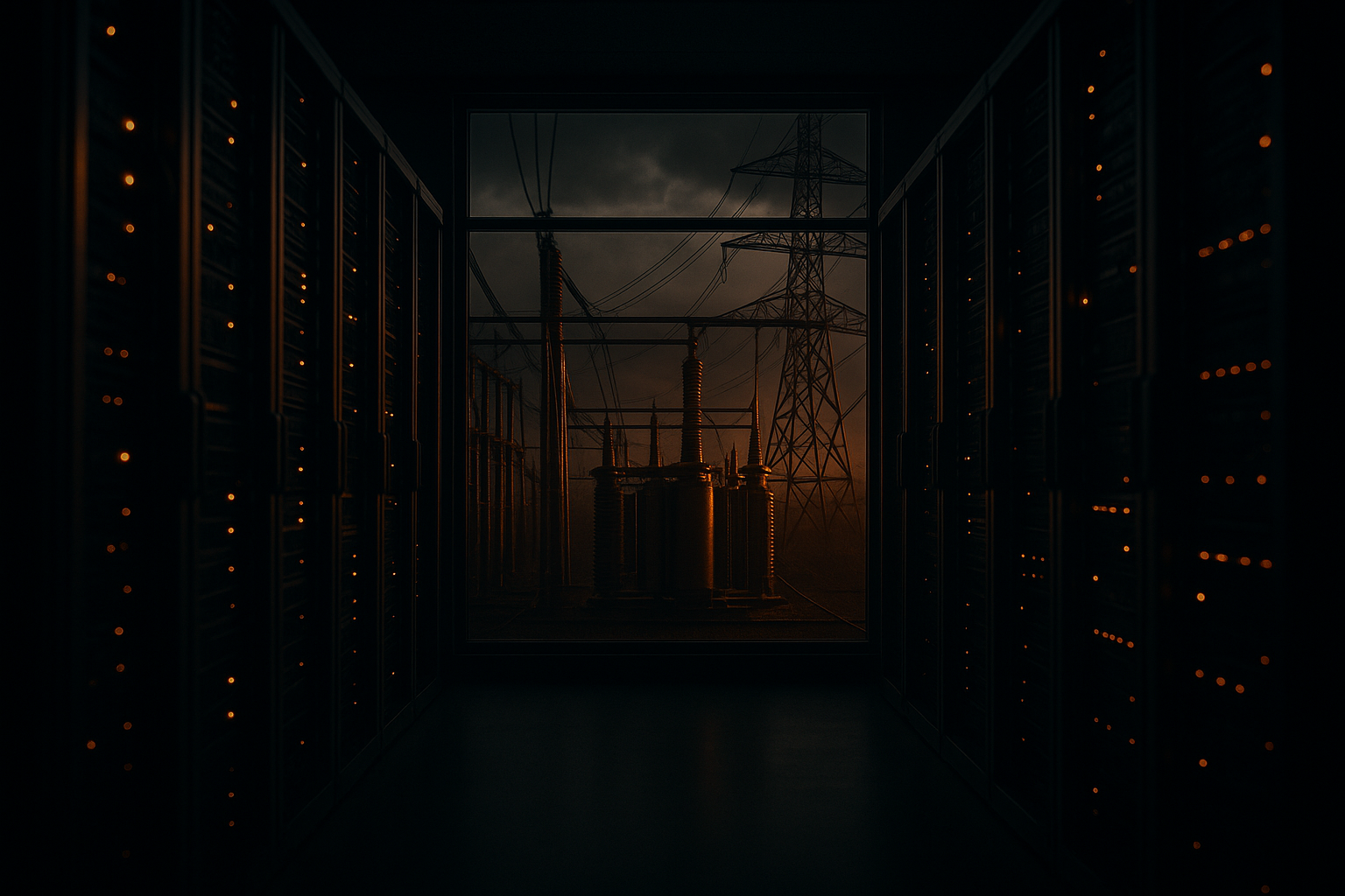 Data center racks visually aligned with an adjacent high-voltage substation, suggesting compute behaving like a grid asset.