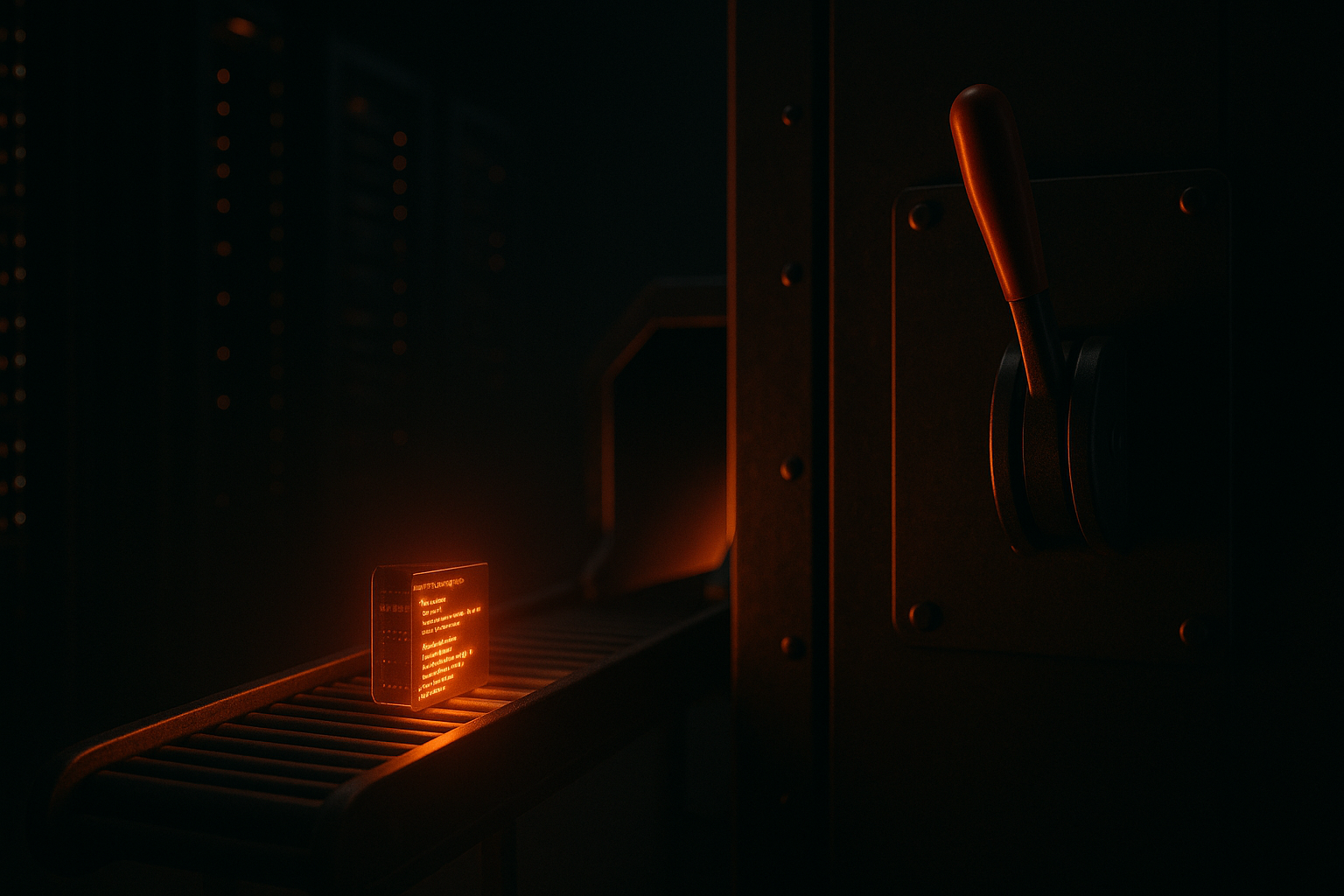 Automated build line metaphor with a prominent kill switch lever in a server room.