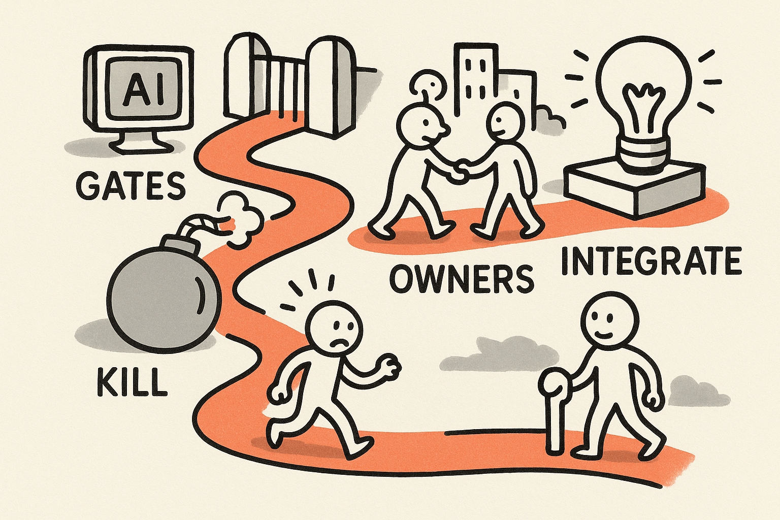 Sketchnote of a gated path showing stage gates, accountable owners, kill criteria, and integration-first architecture.