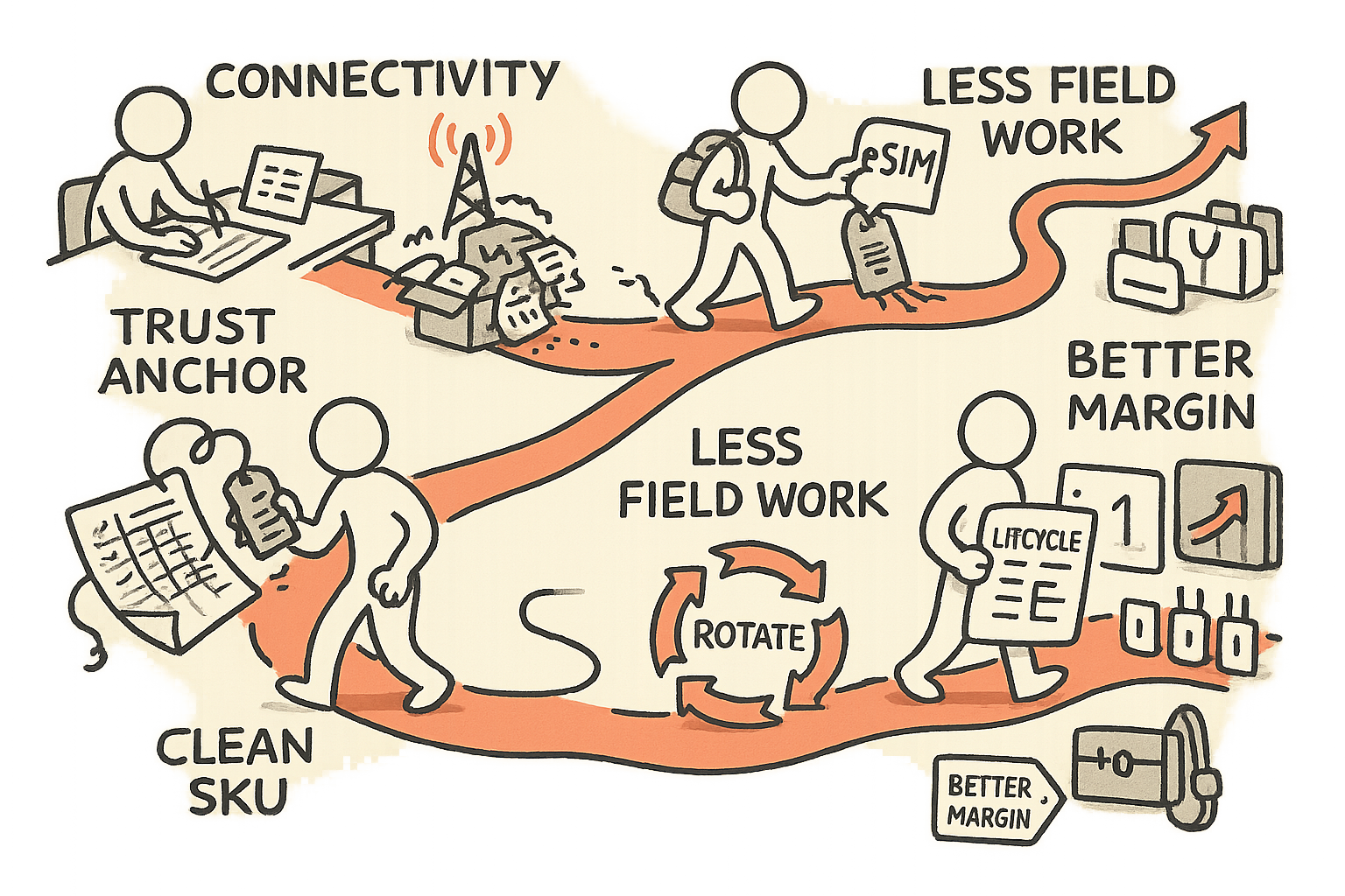 A single character follows a winding path from budgeting “connectivity” and wrestling messy spreadsheets and field fixes to using eSIM as a trust anchor that turns lifecycle steps into a clean control flow, ending with fewer visits and better margin.