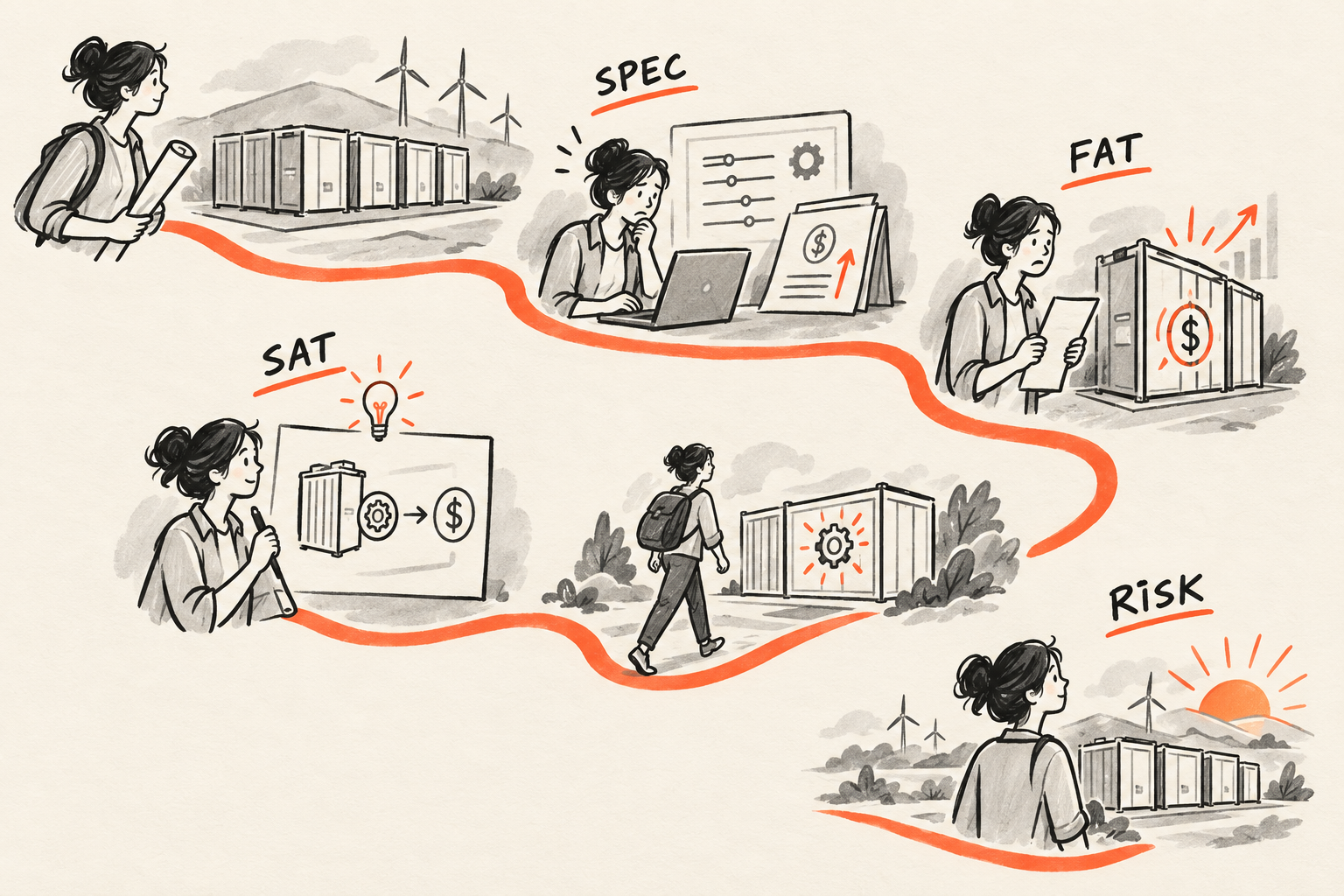 Sketchnote-style path showing specs, FAT/SAT tests, and risk allocation for grid-forming battery projects.
