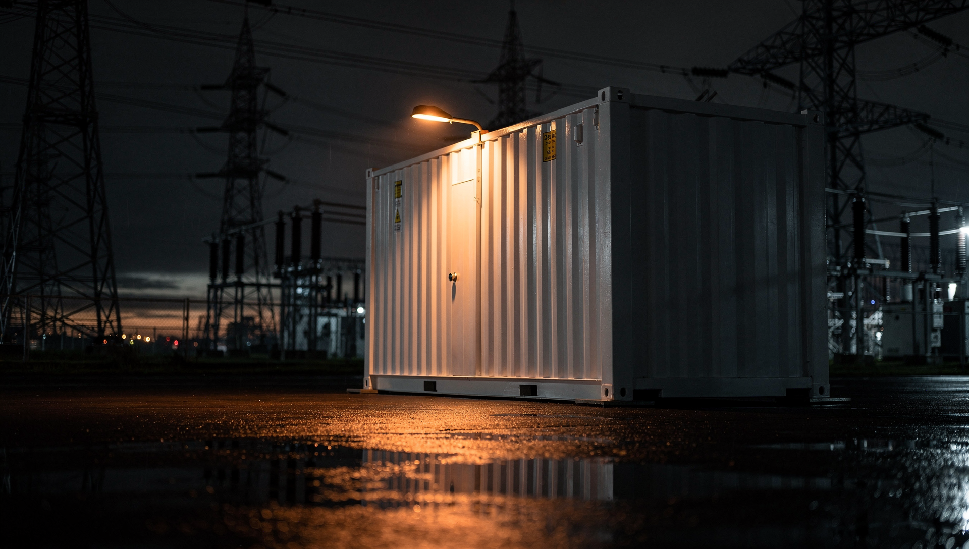Grid-scale battery storage container under a single warm service lamp inside a substation at night, transmission towers fading into the dark.