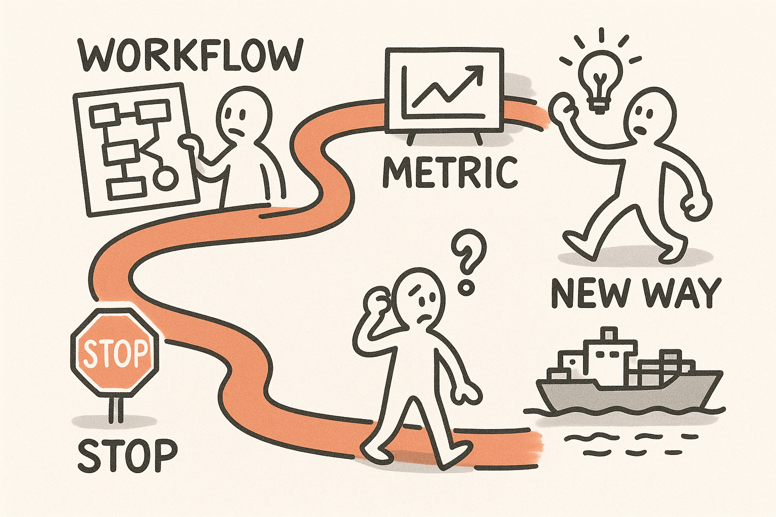 Sketchnote path showing a team moving from grant paperwork to shipping measurable workflow improvements.