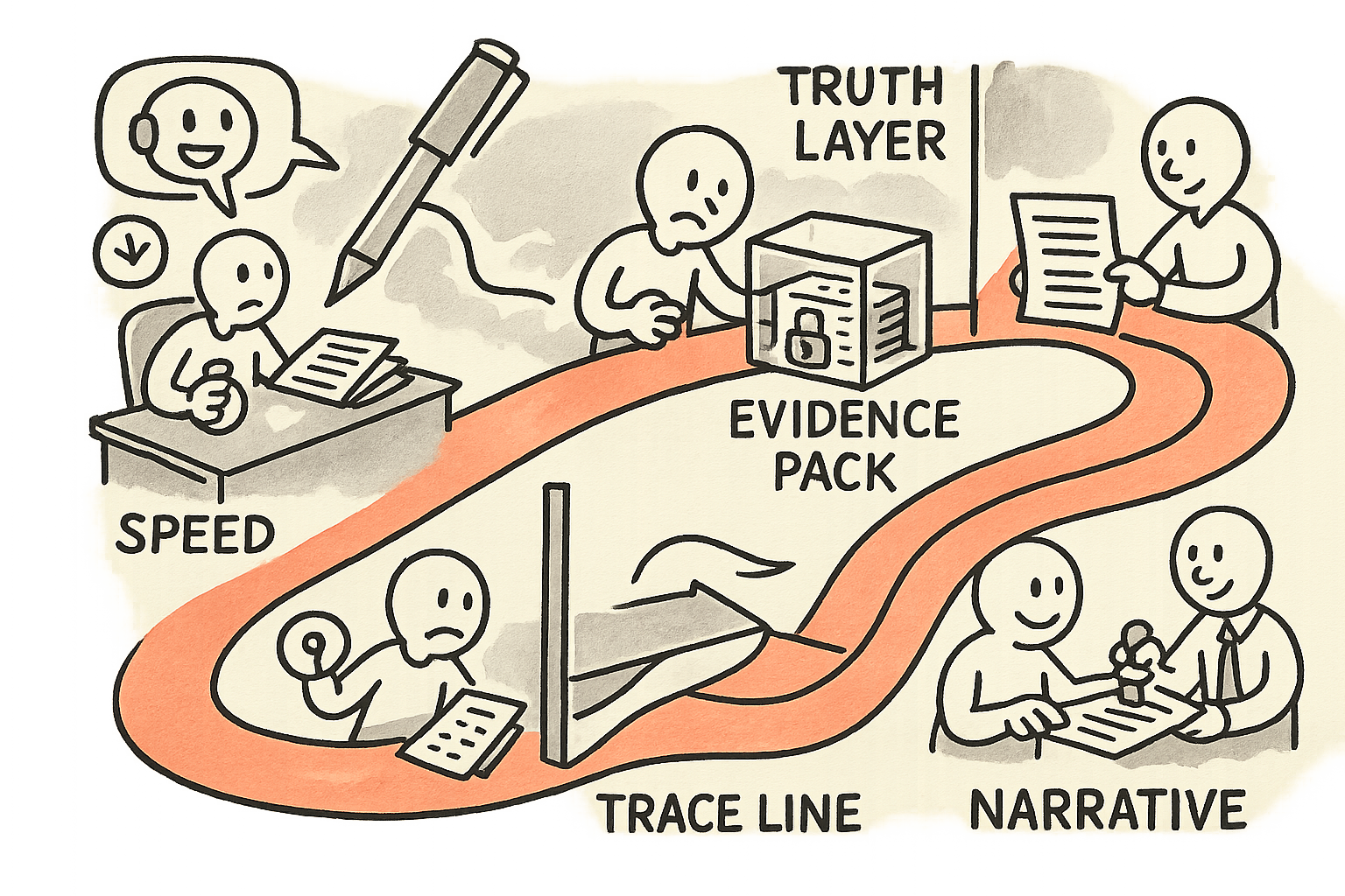 A single analyst follows a winding path from a messy fast close where an LLM edits numbers, to building a hard boundary with a locked evidence pack, then using the LLM only to write narrative from that pack, ending with a stamped report and preserved traceable truth.