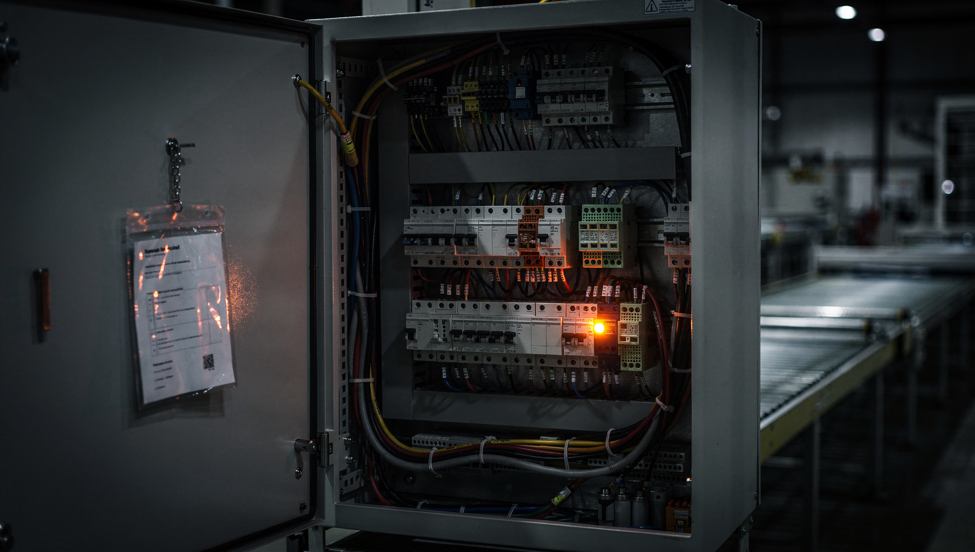 An open industrial control cabinet with tidy wiring and one ember status LED, a sealed document wallet hanging beside it.