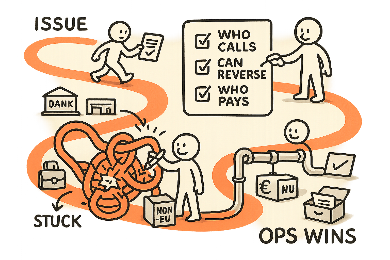 A single character follows one winding path from easy issuance papers into a tangled ‘stuck funds’ knot across wallet/bank/distributors, then draws ownership for calls/reversals/losses, builds clear SLA plumbing, and ends with smooth money flow and restored trust.