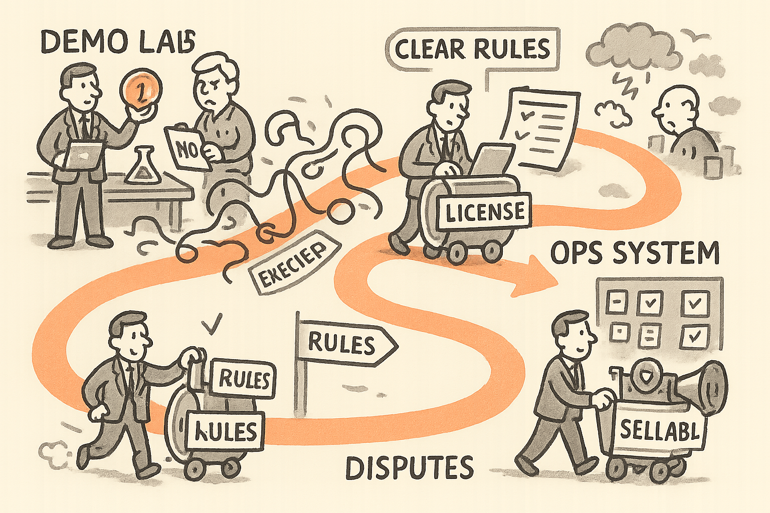 A single suited character walks a winding path from a flashy stablecoin demo that a CFO rejects, through a tangle of exceptions, to adding clear rules and then building an ops system for disputes and reconciliation, ending with a sellable payment product powered by distribution.